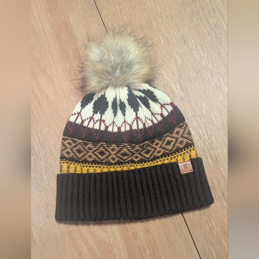 Frye Fair Isle Cuff Multicolor Knit Beanie With Pom